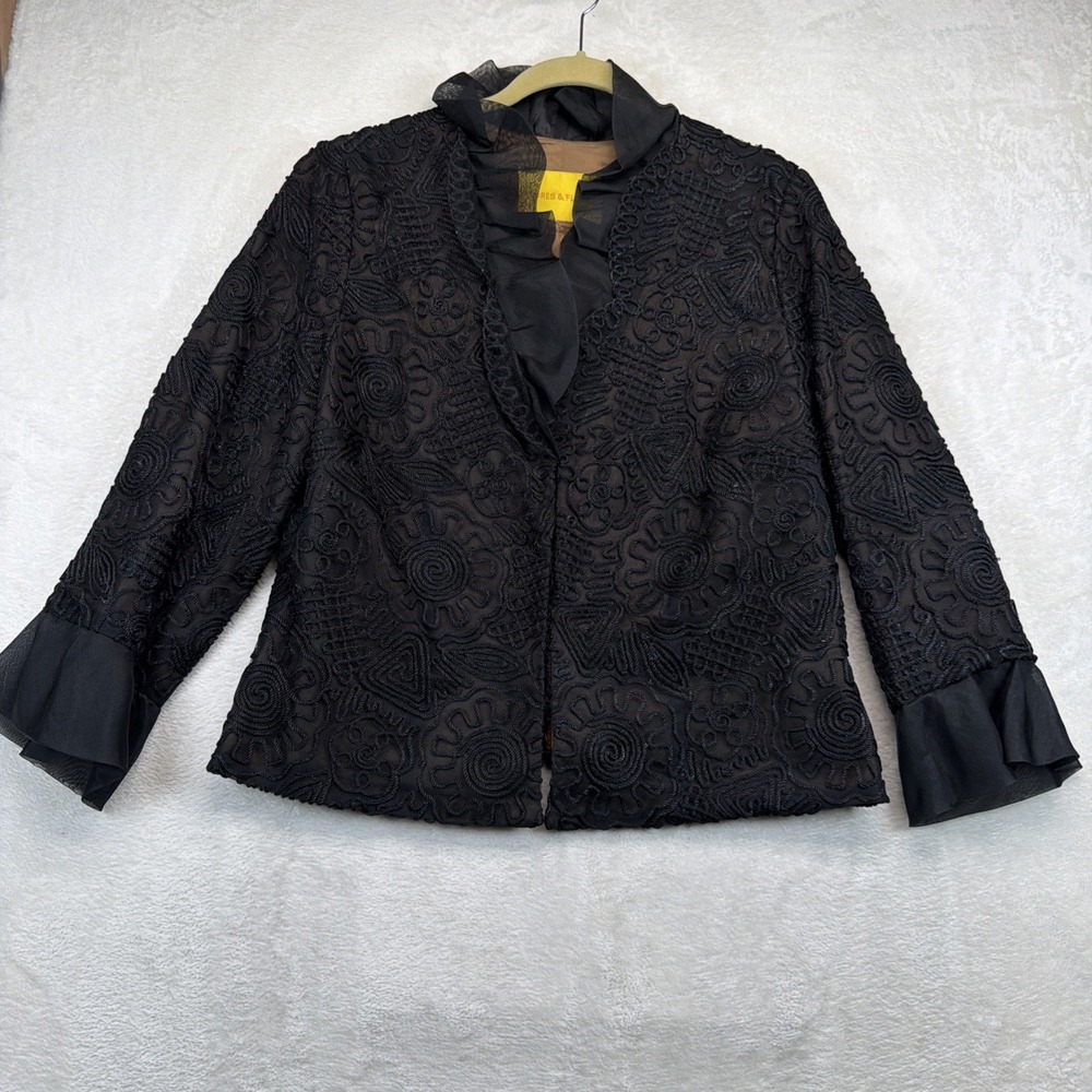 Flores & Flores Black Brocade Cropped Blazer Jacket Y2K Evening Womens Small